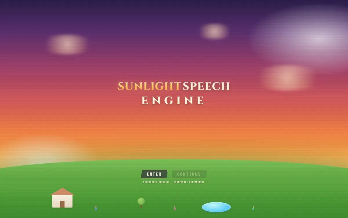 Sunlight Speech Engine title screen: a sunset over green hills with Enter and Continue buttons
